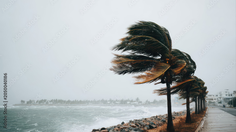Obraz premium Powerful tropical storm winds bend palm trees along a wild coastal shoreline. Heavy rain and rough ocean waves create a dramatic, ultra-realistic weather scene.