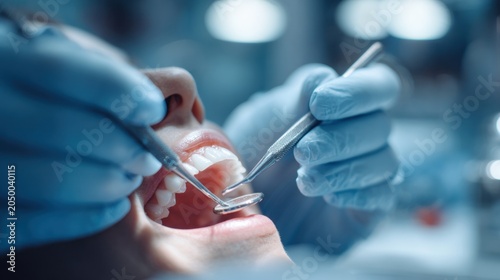 Close-up of a dentist examining a patient's teeth with dental instruments during a routine check-up, showcasing oral hygiene