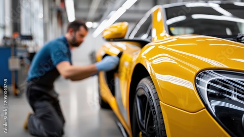 Technician demonstrating professional auto body repair and polishing techniques on a yellow luxury sports car in a modern garage workshop environment