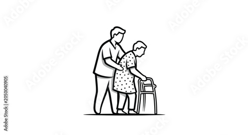 Man supporting elderly woman walking.