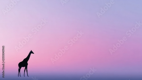 Silhouette of a giraffe against a beautiful soft pink and purple gradient sky at dusk, symbolizing serenity and nature's gentle beauty