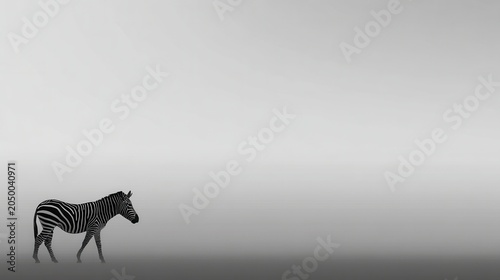 A solitary zebra walks across a vast, empty grey expanse, its iconic stripes stark against the muted backdrop