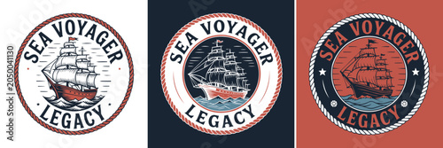 Foto Vintage sea voyager legacy emblems featuring detailed sailing ship vector illust