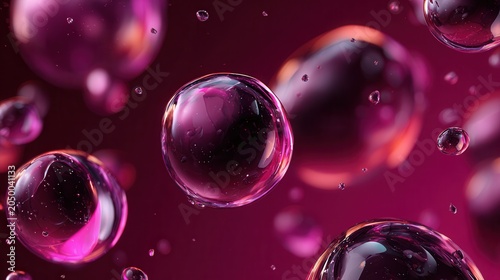 Abstract macro photography of vibrant magenta liquid spheres, with reflections and highlights, creating a fluid and dynamic background