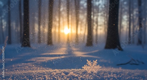 Winter forest landscape with sunrise snow.