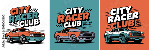 Fotografie Three colorful retro city racer club car designs with bold typography