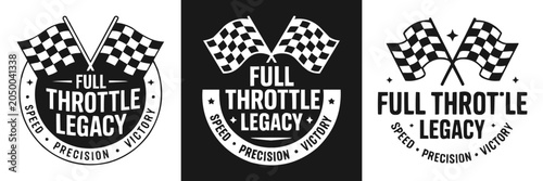 Three monochrome racing emblem designs with checkered flags and bold text