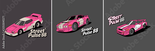 Pink sports cars displayed in a retro pixel art style design