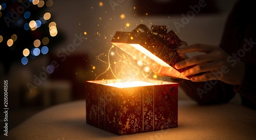 Woman opening magical gift box indoors.