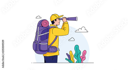 Adventurous hiker with a large purple backpack looking through a telescope at a cloudy mountain landscape.