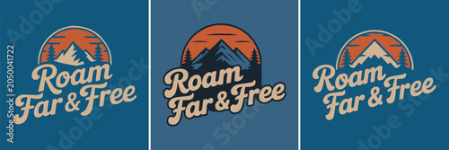 Quadro em tela Vintage mountain adventure logo with retro typography and sunset graphic element
