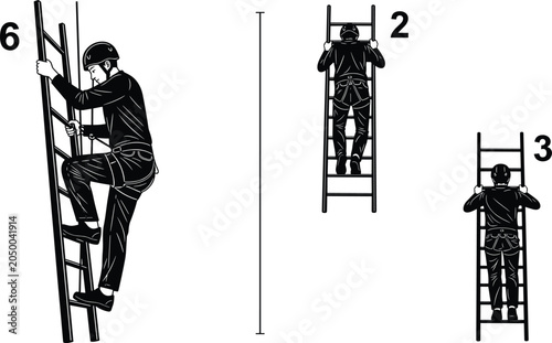 Man climbing ladder with safety harness line outline vector illustration set for industrial work instruction