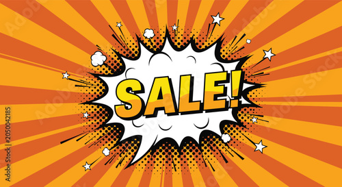 Vibrant comic book sale burst bubble with bold text on an orange and yellow sunburst background to attract customers.