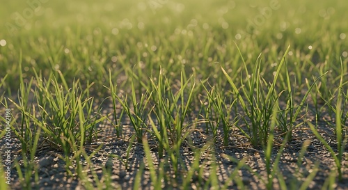 Young green grass growing in soil.