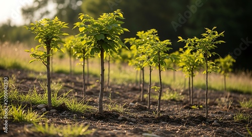 Young trees planted in a field.