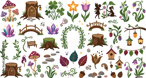 Φωτογραφία Magical fairy garden vector element set with fantasy mushroom houses, enchanted