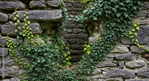 stone wall with green ivy vines.