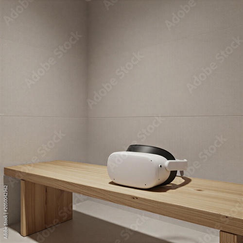 medical vr headset on a wooden bench in a minimalist wellness room