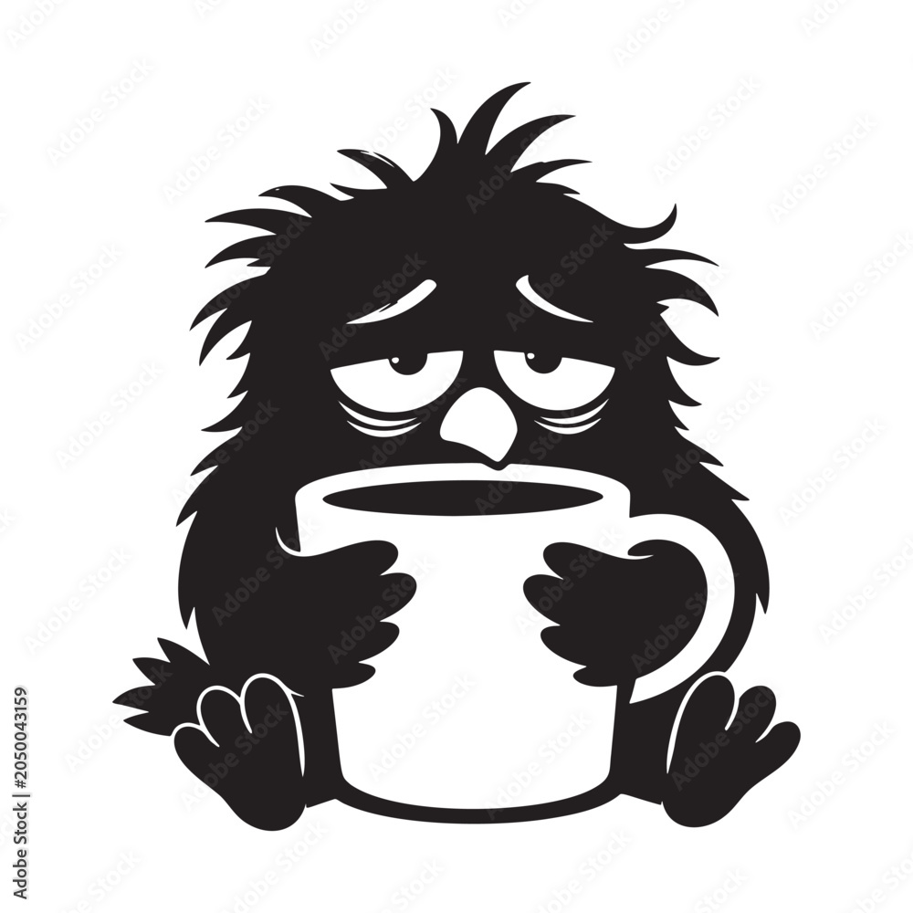 Fototapeta premium Tired cute bird character holding a big mug of hot coffee in a funny cartoon style Vector