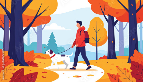 Man Walking Dog on Leash Outdoors.