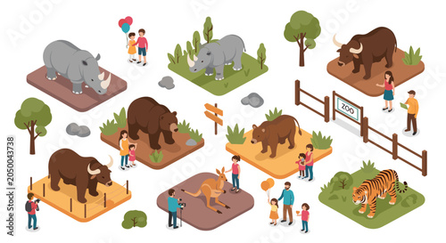 Isometric zoo collection with wild animals including rhinoceros bear tiger and kangaroo being observed by families.