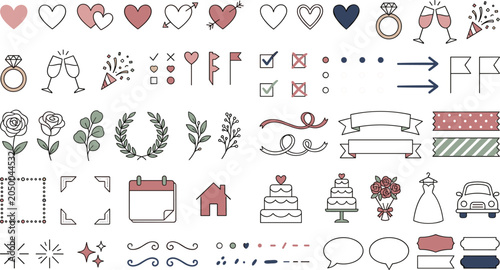 Fotografía Wedding planner doodle element vector set with romantic hearts, diamond rings, c