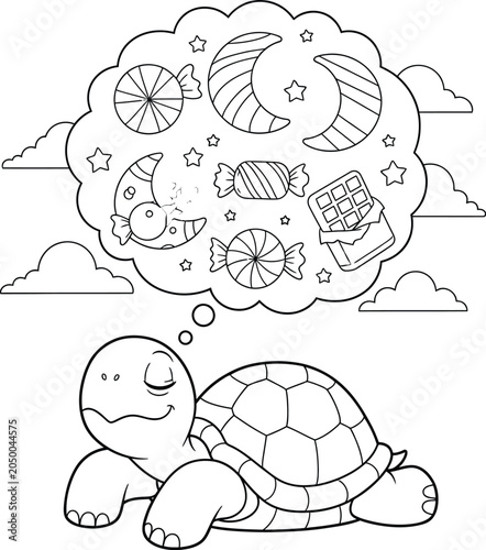 Tableau sur toile Cute Sleeping Turtle Dreaming of Candy Coloring Page Illustration, Black and Whi