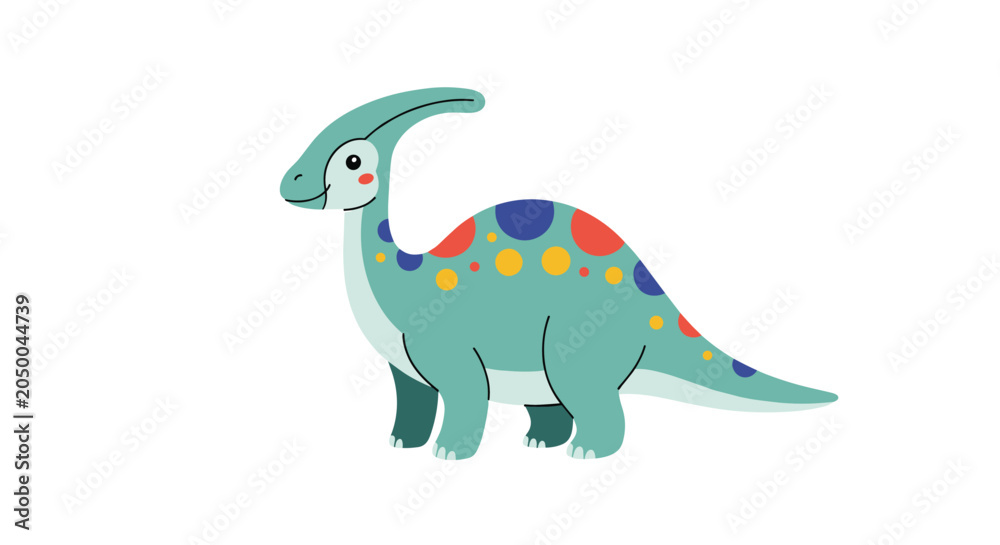 Fototapeta premium Adorable blue parasaurolophus dinosaur character with colorful spots and a friendly face for kids book or nursery wall art.