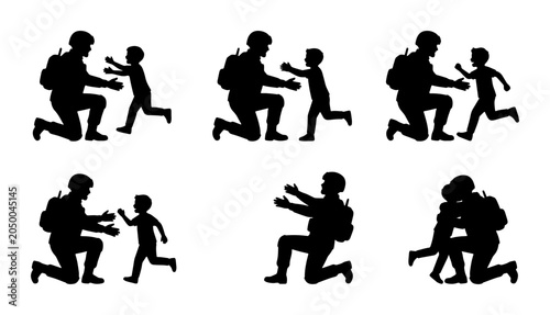 Foto Soldier Reunion Silhouettes, Father and Child Embrace, Military Family Welcome H