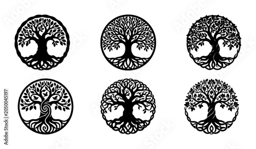 Bild auf Leinwand Set of Six Intricate Tree of Life Vector Icons, Celtic Knot Roots and Branches,