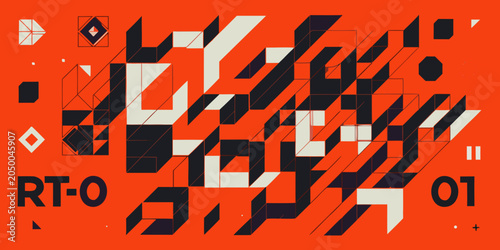 Isometric block pattern with geometric shapes and orange background