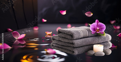 Folded grey spa towels with an orchid and falling pink petals on dark water with copy space