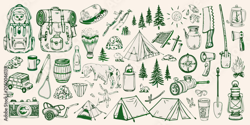 Photos Hand Drawn Camping And Outdoor Adventure Gear Collection Green Vector Illustrati