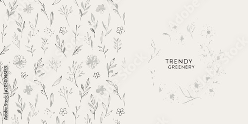 Hand Drawn Greenery And Herb Illustration With Gray Tones On Beige Background