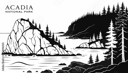 Tableau sur toile Very beautiful black-and-white engraved vector illustration featuring Acadia Nat
