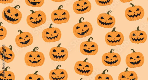 Spooky seamless pattern of orange carved Halloween jack-o-lanterns with various expressions on a light peach background.