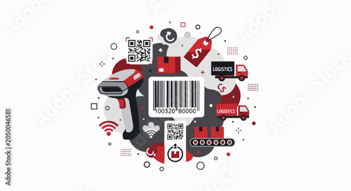 Logistics and Supply Chain Management Concept with Barcode Scanner, QR Codes, and Delivery Trucks. Modern Flat Illustration for Inventory Management and Global Shipping Services.