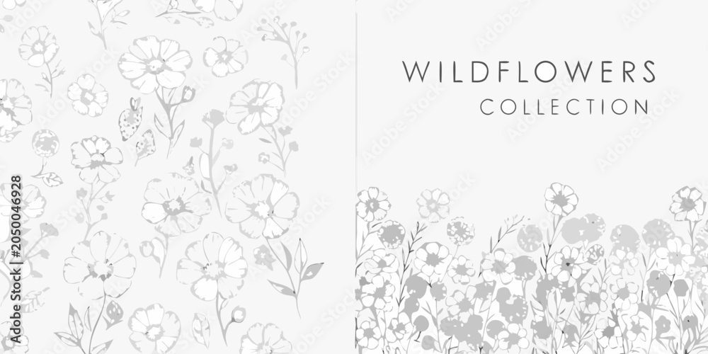 Obraz premium Wildflower collection delicate gray vector illustration with botanical elements
