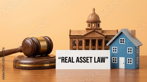 Real asset law concept with judge gavel, wooden courthouse model and blue house miniature, property litigation and real estate legal services