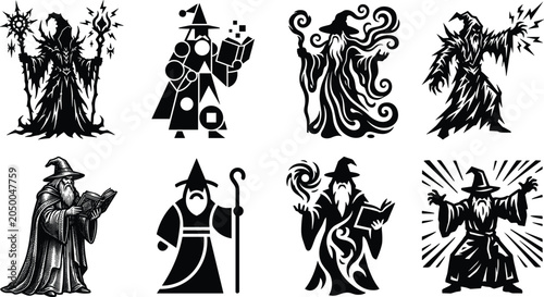 Fotografie Wizard and sorcerer black vector illustration icon set showcasing diverse design