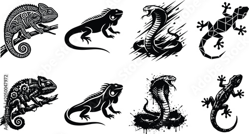 Foto Set of reptile and amphibian vector silhouettes featuring chameleon iguana cobra