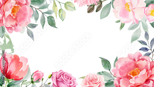 Elegant pink watercolor floral frame background with copy space for wedding invitations