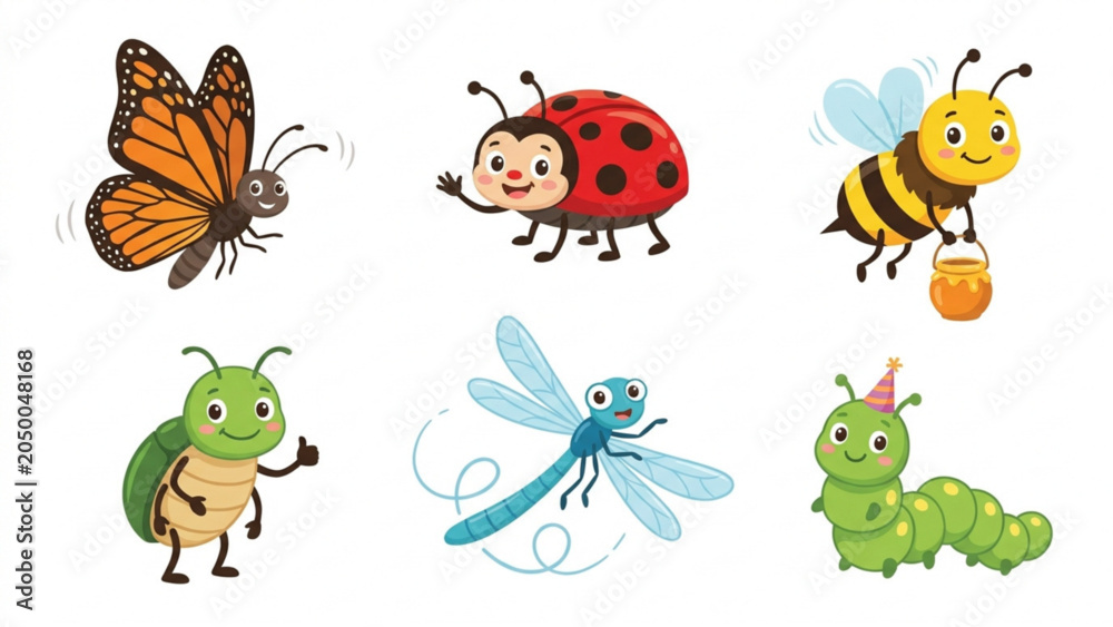 Naklejka premium Cute Cartoon Insects Vector Set – Butterfly, Ladybug, Bee & More