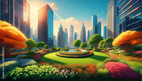a vibrant cityscape with a beautifully landscaped garden and modern skyscrapers in the background