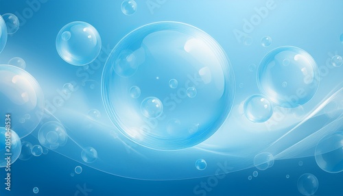 blue abstract background transparent soap bubble light reflection on soft gradient sky fresh liquid texture floating circle beauty foam for cosmetic banner skincare hygien spring summer design