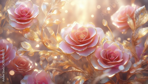 abstract floral background crystal roses garden in light pink and gold colors