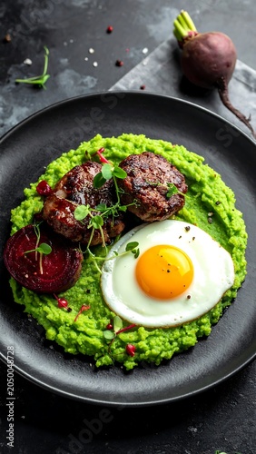 Gourmet Dish on Black Plate.