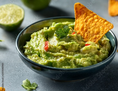 delicious homemade guacamole dip with tortilla chips and fresh lime