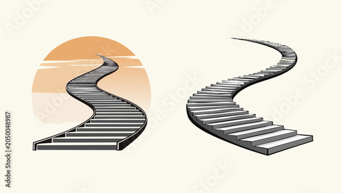 Two artistic illustrations of ascending stairways, symbolizing progress, goals, and upward movement against a soft sunset background