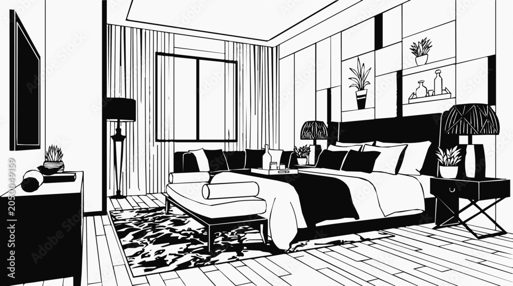 Fototapeta premium Elegant modern bedroom interior design with a luxury bed and minimalist room black and white sketch featuring contemporary furniture and home decor